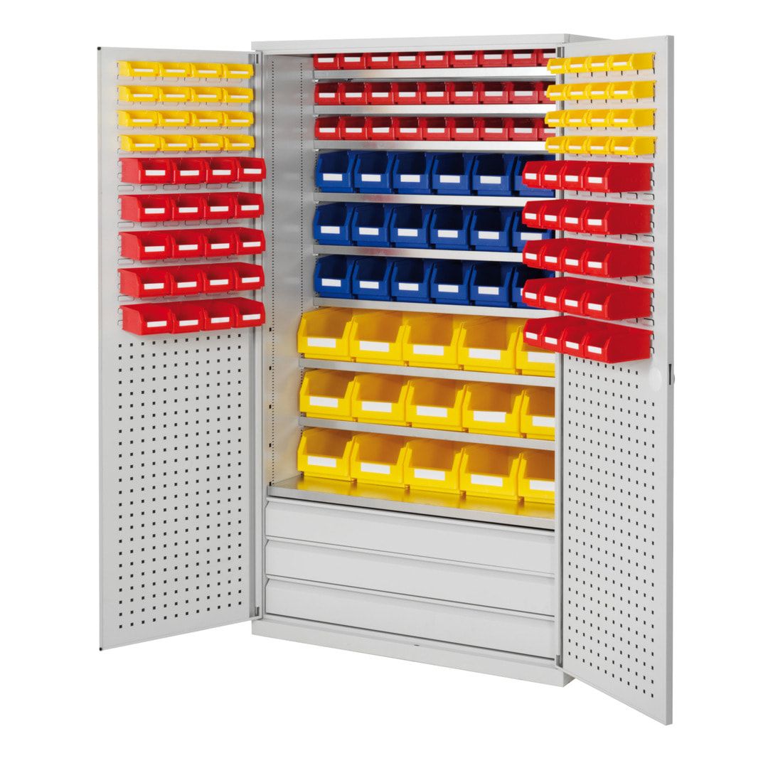 Magazinschrank - 138 Sichtlagerkästen - Loch-/Schlitzplatten Türen - 3 Schubladen - 9 Böden - 1.950 x 1.130 x 590 mm (HxBxT) - lichtgrau