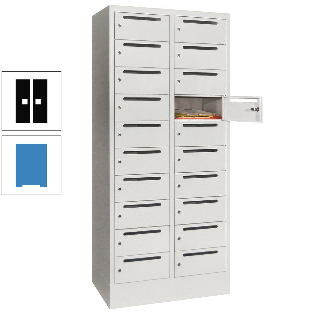 Postverteilerschrank, Schließfachschrank, 2 Abteile a 400 mm, 20 Fächer, 1.850 x 800 x 500 mm (HxBxT), Korpus anthrazitgrau, Front anthrazitgrau
