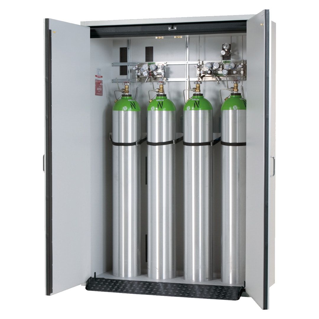 Druckgasflaschenschrank, Gasflaschenschrank, für 2 x 50 l Gasflaschen, Schutzgas, Feuerwiderstand G30, 2.050 x 598 x 616 mm (HxBxT), lichtgrau