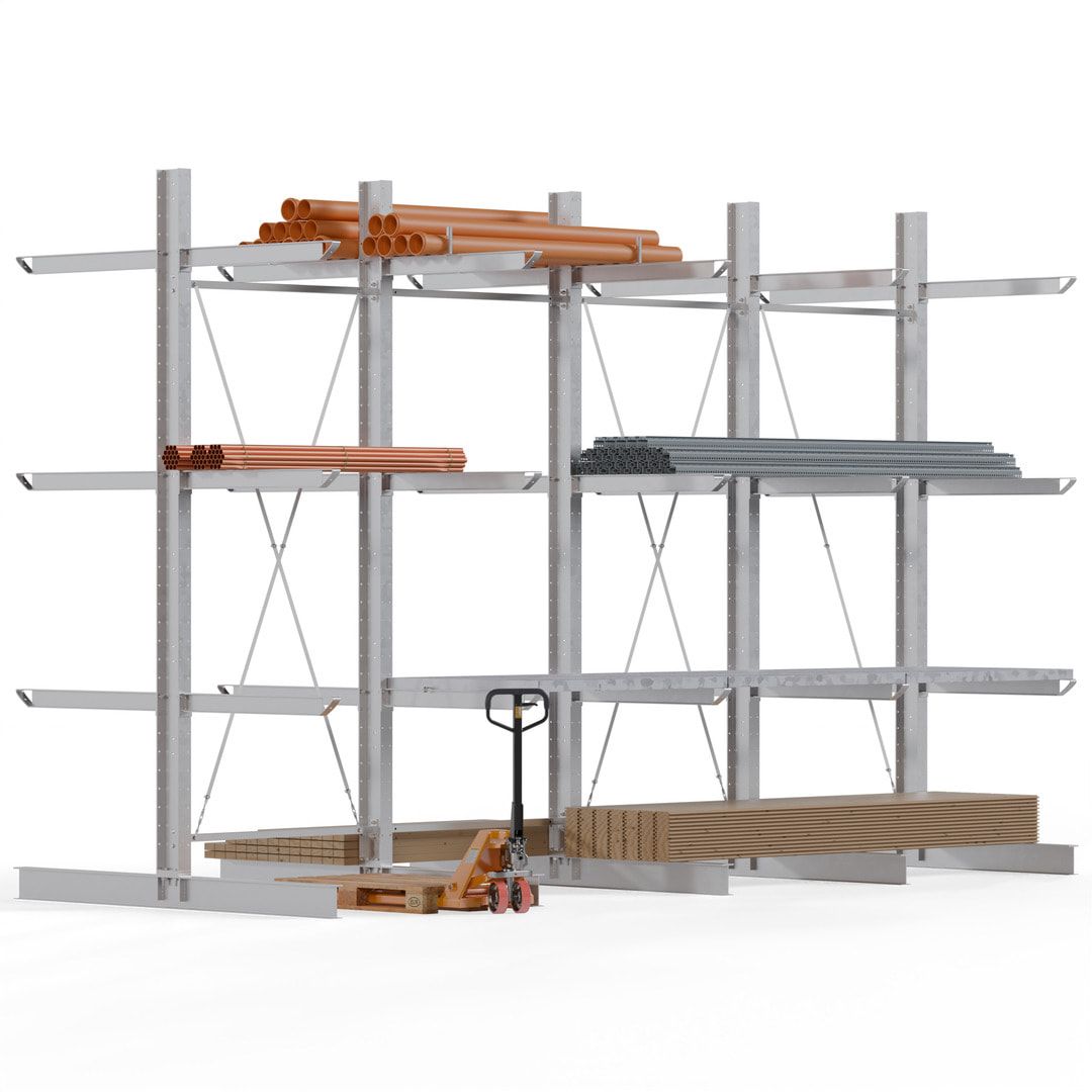 Doppelseitiges Kragarmregal feuerverzinkt, Schwerlastregal für außen - 2 Felder - 4.000 x 3.000 x 2.580 mm (HxBxT) - 800 kg - KARL heavy