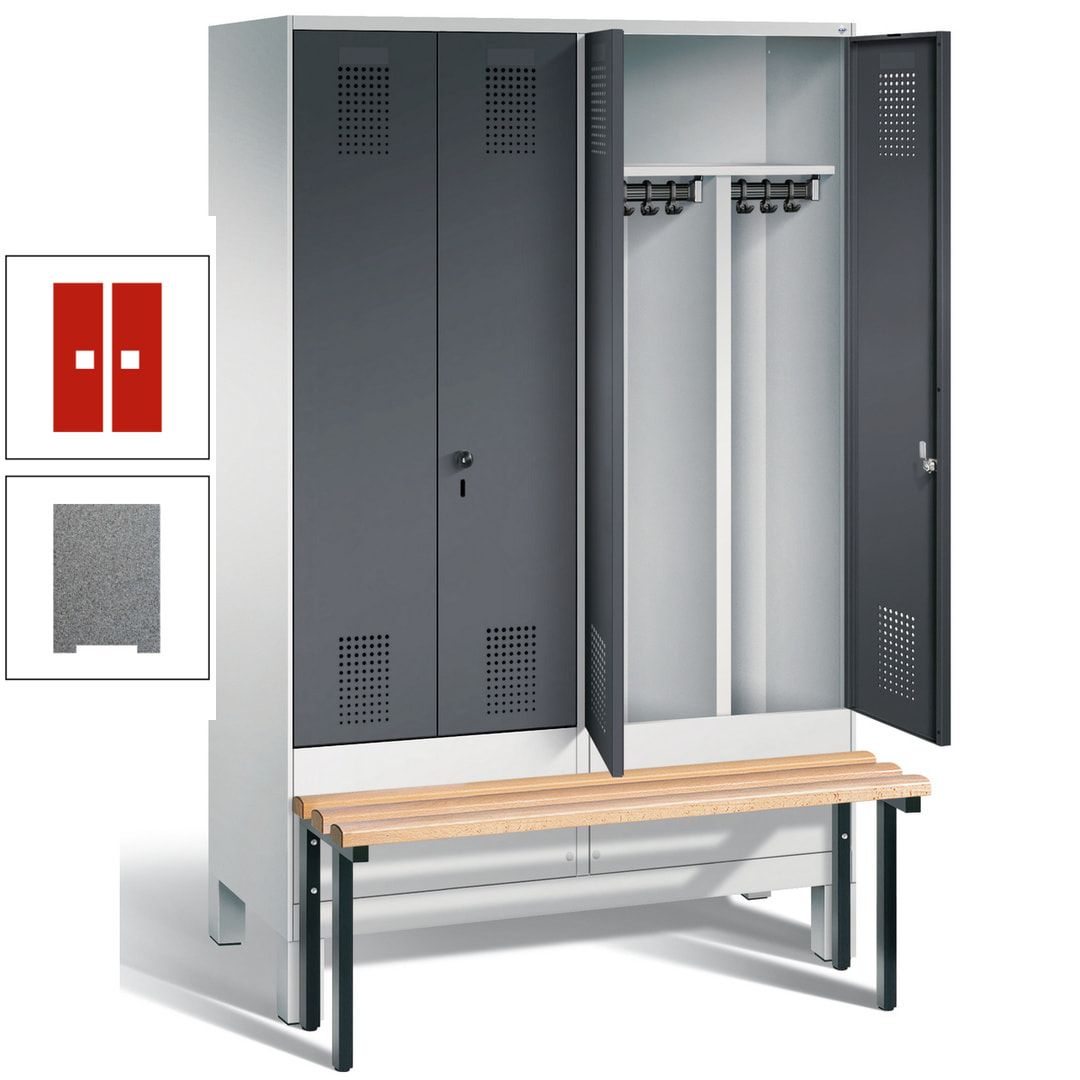 Doppel-Spind, Garderobenschrank, Buche Sitzbank vorgebaut, 4 Abteile a 300 mm, Korpus feuerrot, Tür Wasserblau, 1.850 x 1.200 x 815 mm (HxBxT)