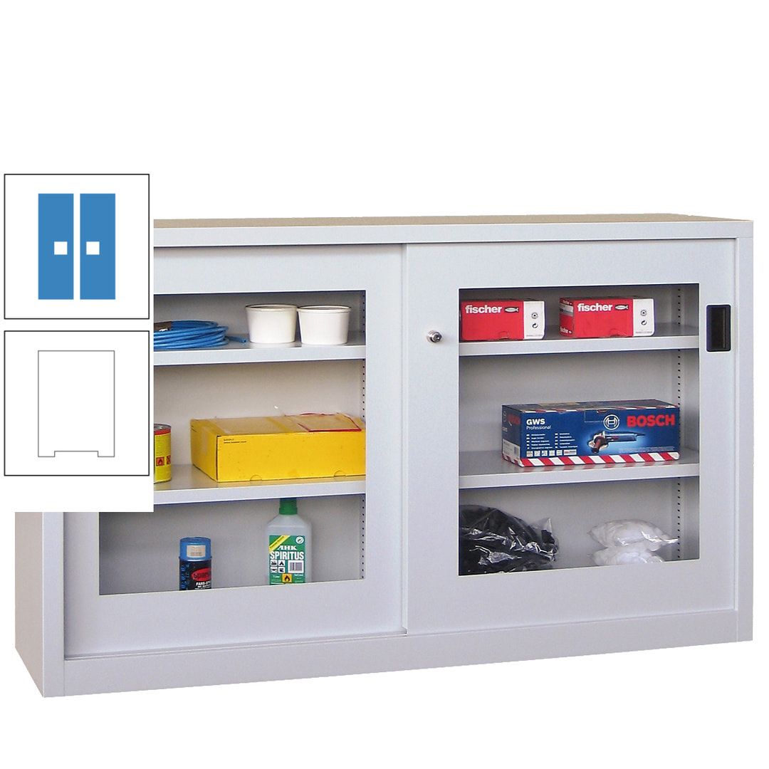 Schiebetürenschrank - Sichtfenstertüren - 1.000x1.500x600 mm (HxBxT) - 4 Böden, verzinkt - Zylinderschloss - anthrazitgrau