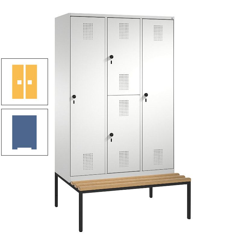Garderobenschrank, Spind ein- und doppelstöckig Sitzbank, 3 Abteile, 4 Fächer, 2.090x1.200x500 mm (HxBxT), Front anthrazitgrau, Korpus anthrazitgrau