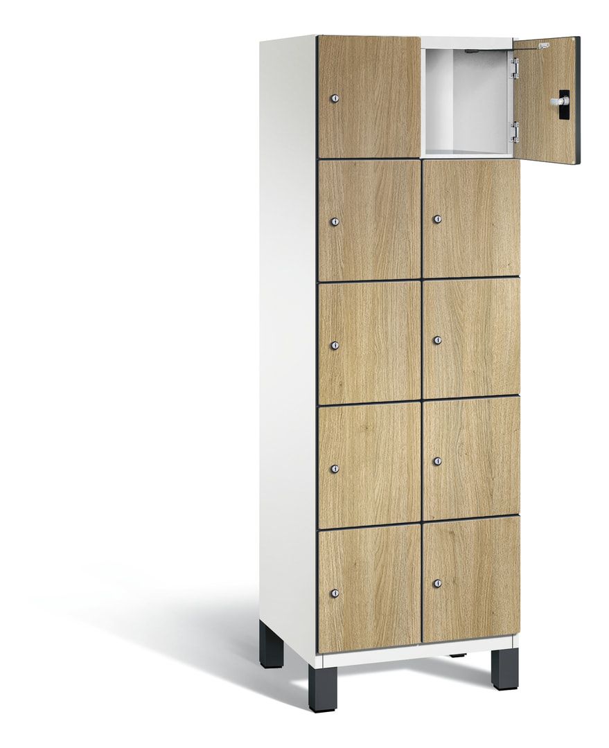 Fächerschrank, Stahlschrank, 10 Fächer, Türöffnungsbegrenzer, Füße, 1.980 x 600 x 525 mm, Korpus anthrazitgrau, Dekorfront HPL Donau-Ahorn
