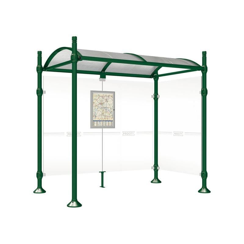 Buswartehalle, Unterstand, 2 Seitenwände, Kopf gebürsteter Edelstahl, ESG, Fahrplanschaukasten, 2.500 x 2.500 x 1.600 mm (HxBxT), Farbe enzianblau