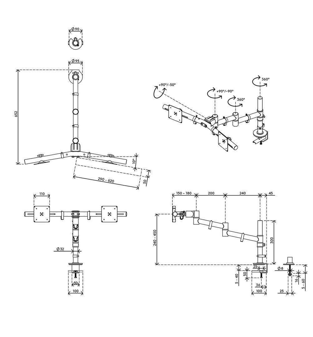 Doppel Monitorarm - 2 x 34,5 Zoll Bildschirm - Monitorhalterung - Bildschirmhalter - VESA - schwenkbar - drehbar - neigbar - Farbe schwarz