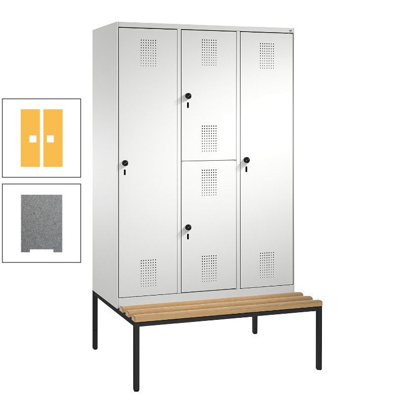 Garderobenschrank, Spind ein- und doppelstöckig Sitzbank, 3 Abteile, 4 Fächer, 2.090x1.200x500 mm (HxBxT), Front anthrazitgrau, Korpus anthrazitgrau