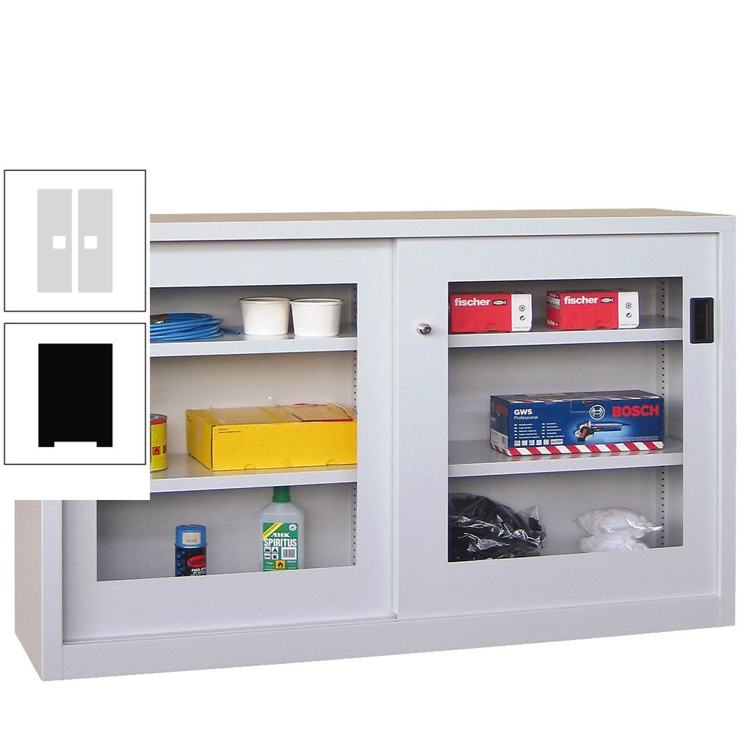 Schiebetürenschrank - Sichtfenstertüren - 1.000x1.500x600 mm (HxBxT) - 4 Böden, verzinkt - Zylinderschloss - anthrazitgrau