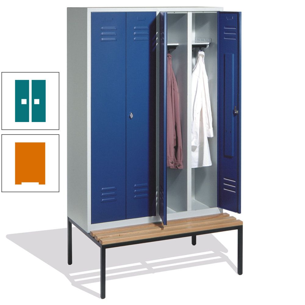 Doppel-Spindschrank, Buche Sitzbank untergebaut, 4 Abteile a 300 mm, Korpus lichtgrau, Tür anthrazitgrau, 2.090 x 1.190 x 815 mm (HxBxT)