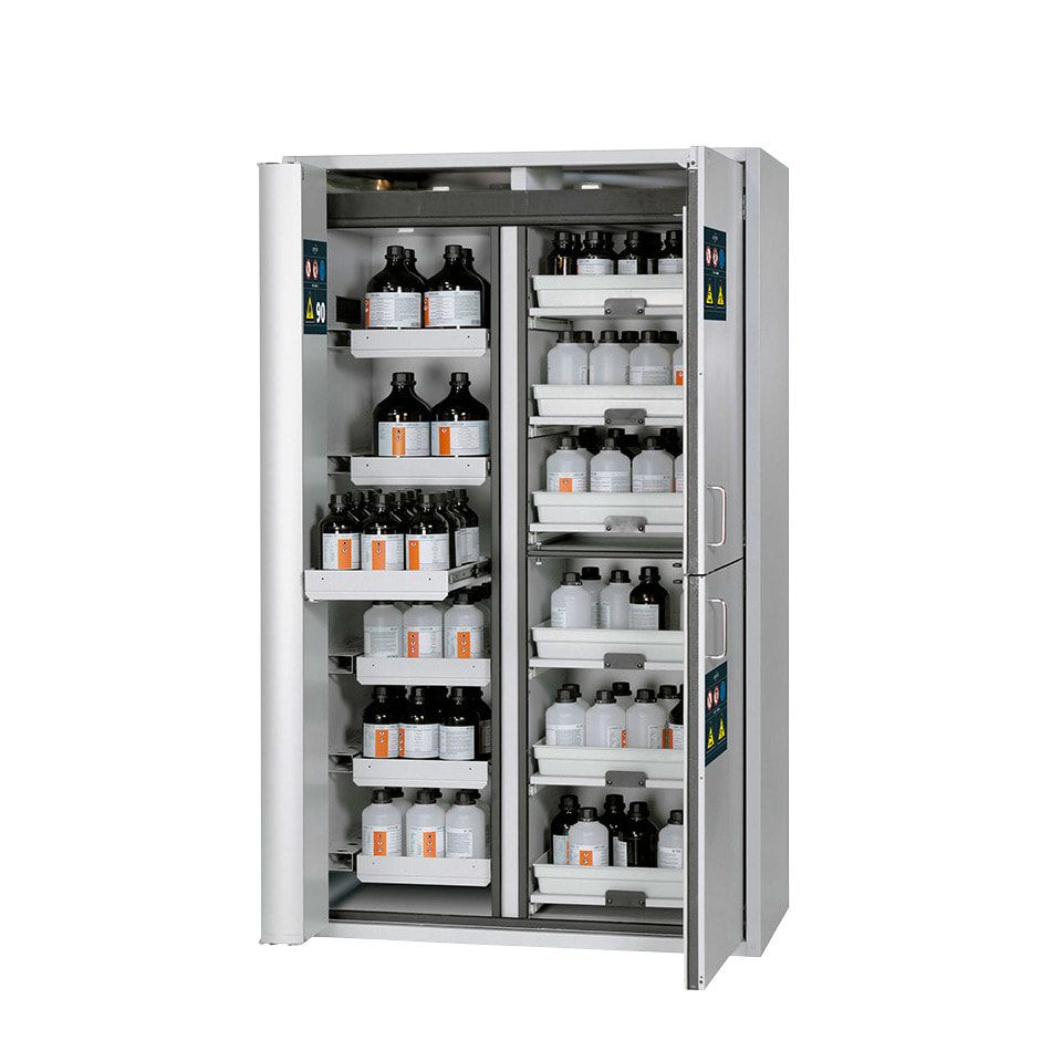Sicherheitsschrank Typ 90 - Trennwand - ca. 2 x 1,2 x 0,6 m (HxBxT) - 3 Wannenböden - 4 Tablarauszüge - lichtgrau - Stahl
