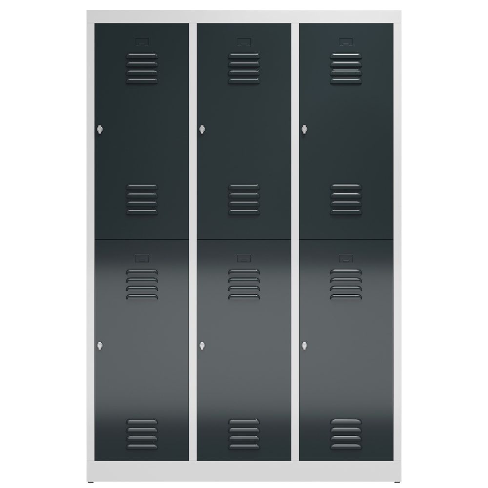 Garderobenschrank, Doppelstockspind, 3 Abteil, 6 Fächer, 1.800 x 1.185 x 500 mm (HxBxT), Drehriegel, Stahl, Korpus: lichtgrau, Front: anthrazitgrau