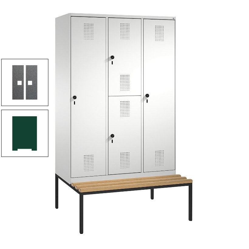 Garderobenschrank, Spind ein- und doppelstöckig Sitzbank, 3 Abteile, 4 Fächer, 2.090x1.200x500 mm (HxBxT), Front anthrazitgrau, Korpus anthrazitgrau