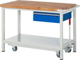Mobile absenkbare Werkbank mit 1 Schublade - 150:1 - 880 x 1.250 x 700 mm (HxBxT) - Traglast 1.250 kg - Buche - Farbe wählbar