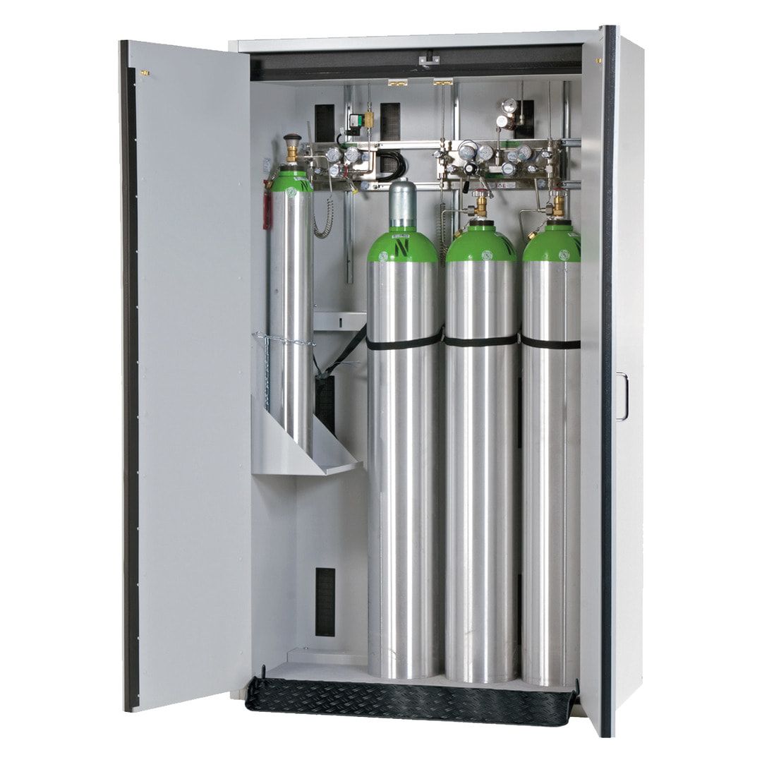 Druckgasflaschenschrank, Gasflaschenschrank, für 2 x 50 l Gasflaschen, Schutzgas, Feuerwiderstand G30, 2.050 x 598 x 616 mm (HxBxT), lichtgrau
