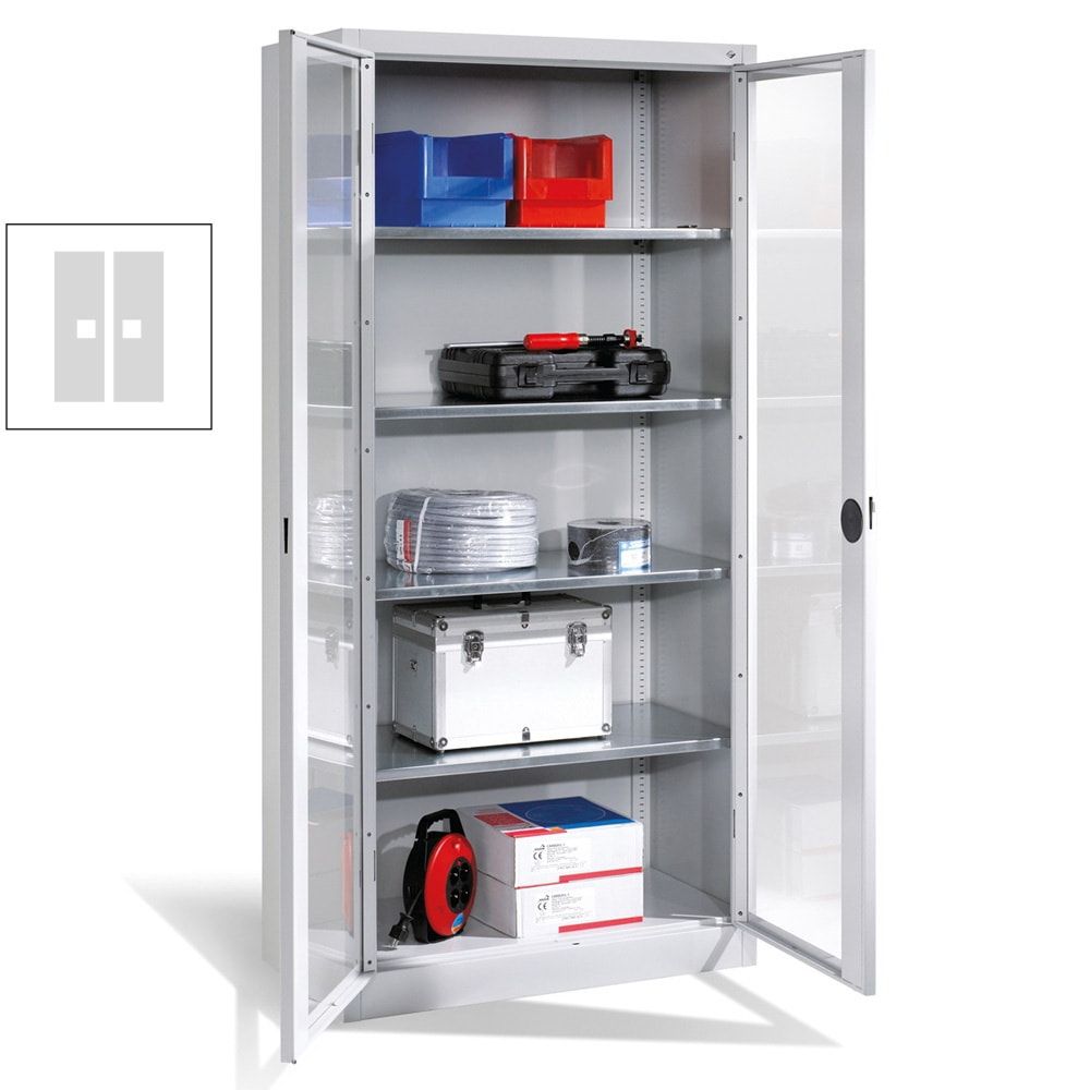 C+P Großraum Werkzeugschrank, Materiallager, Stahlschrank mit Sichtfenstertüren, 4 Fachböden, Farbe lichtgrau, 1.950 x 930 x 500 (HxBxT)