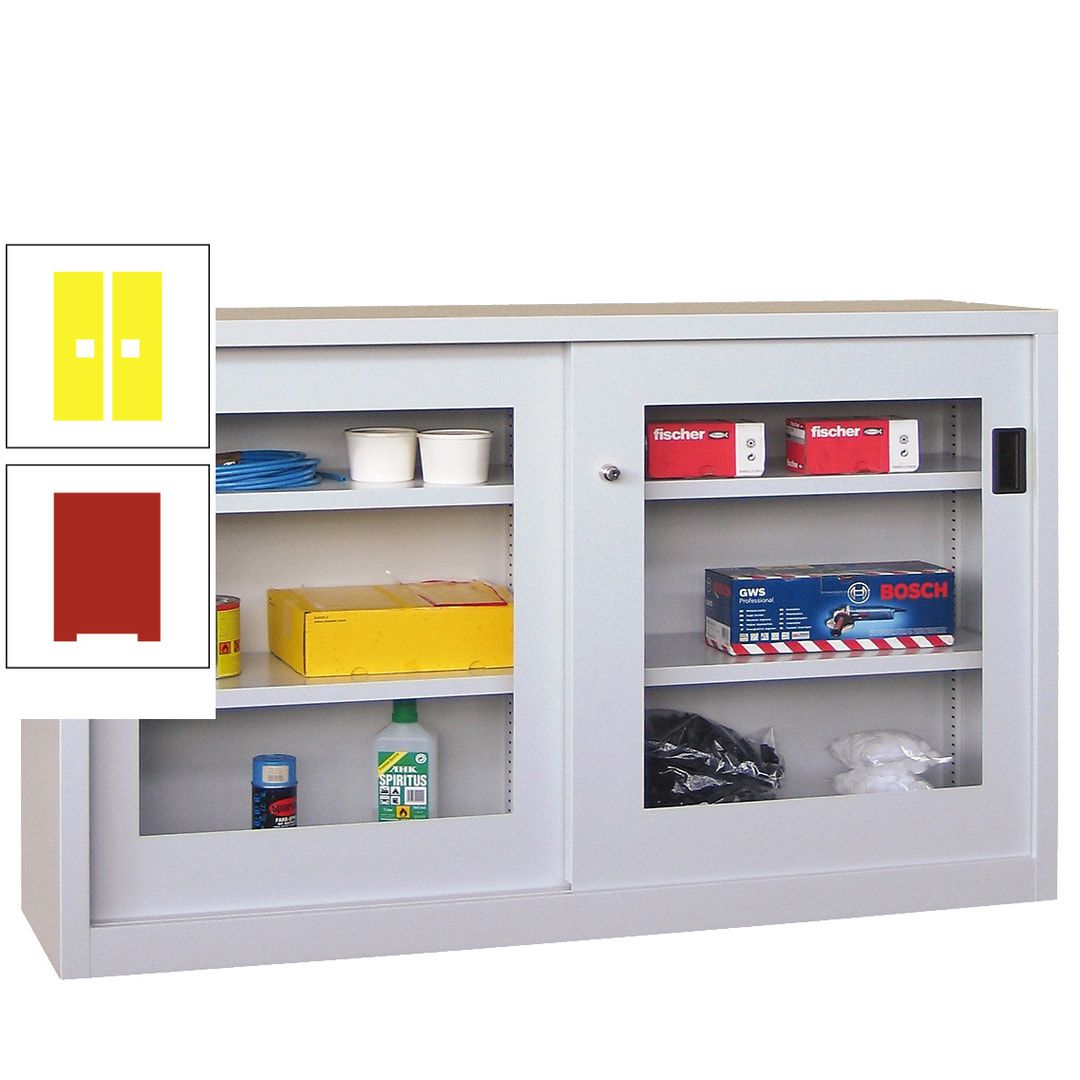 Schiebetürenschrank - Sichtfenstertüren - 1.000x1.500x600 mm (HxBxT) - 4 Böden, verzinkt - Zylinderschloss - anthrazitgrau