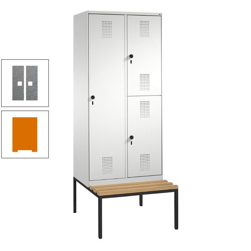 Garderobenschrank, Spind ein- und doppelstöckig Sitzbank, 2 Abteile, 3 Fächer, 2.090 x 800 x 500 mm (HxBxT), Front anthrazitgrau, Korpus anthrazitgrau