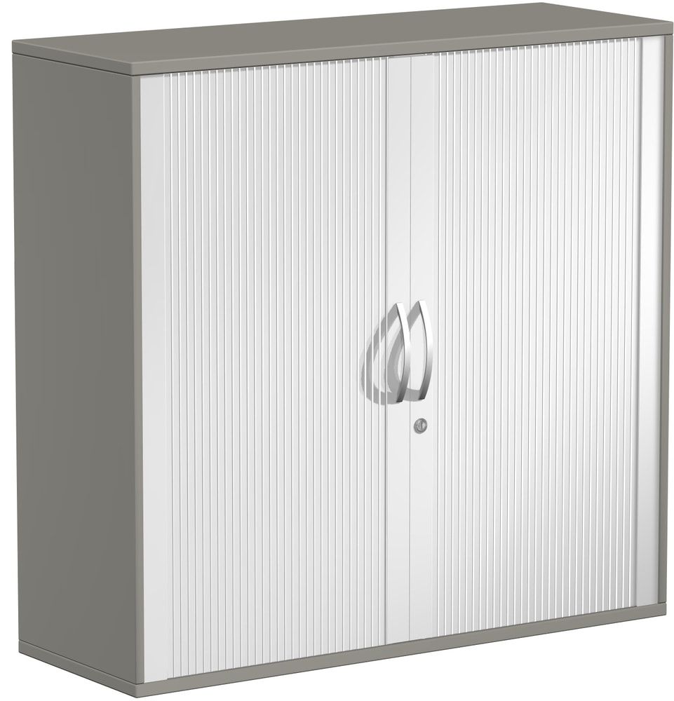 Querrollladenschrank, Dekoreinlageboden, Metallsockel/Standfüße, abschließbar, 1.152 x 1.000 x 425 mm (HxBxT), Korpusfarbe Ahorn, Frontfarbe silber