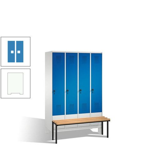 Stahl-Garderobenschrank, Spind, Buche Sitzbank vorgebaut, 4 Abteile a 300 mm, Korpus Lichtgrün, Tür Schwefelgelb, 1.850 x 1.200 x 815 mm (HxBxT)
