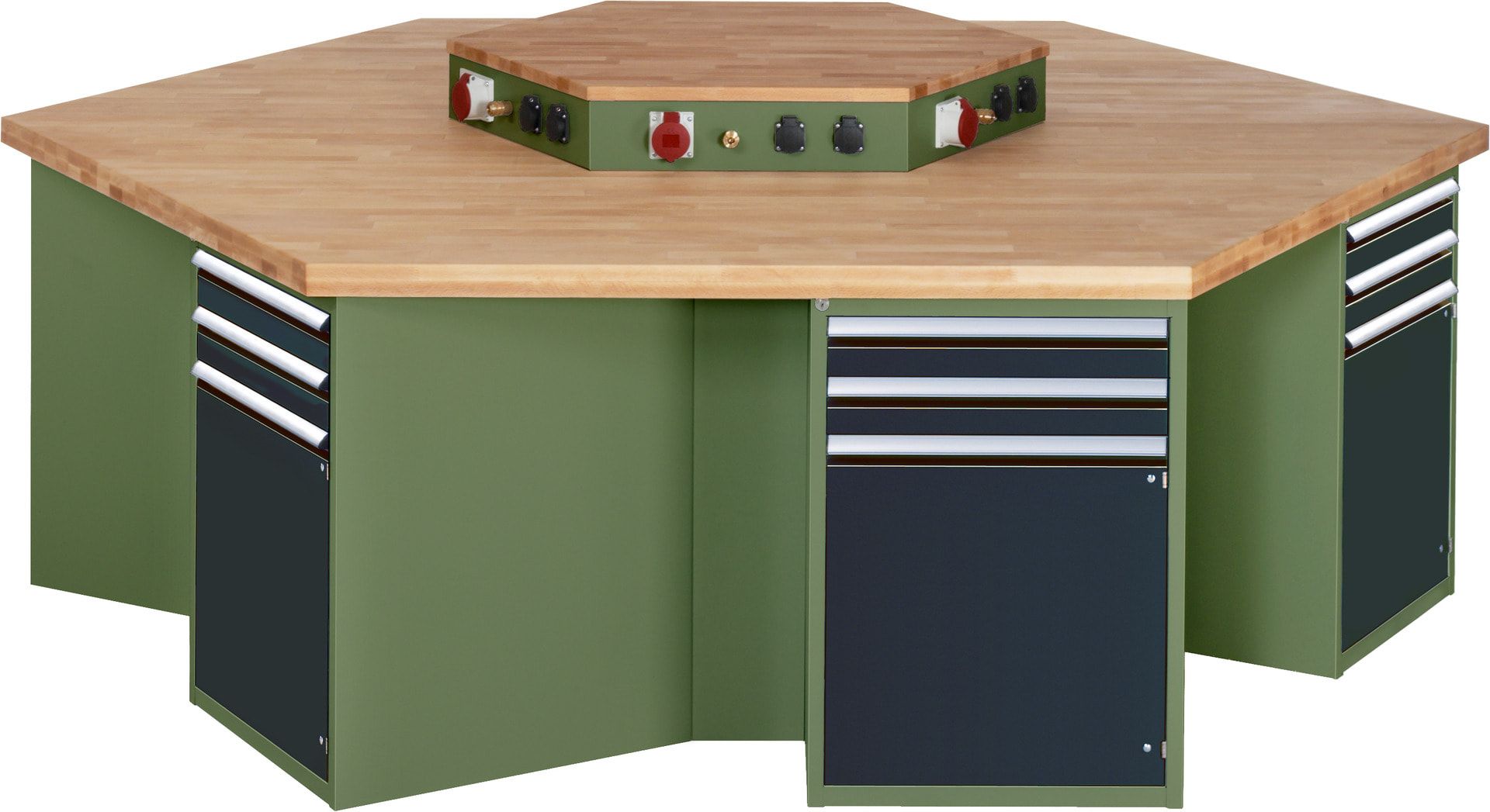 Gruppenwerkbank, Buche, Höhe 840 mm, mit Energieaufsatz, Unterbau-Container, 2 Schubladen, 1 Tür, 1 Boden - Anthrazitgrau