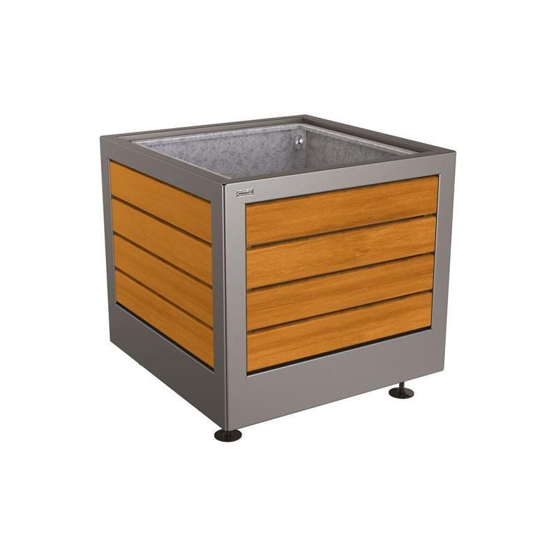 Pflanzbehälter, Stahl und Holz, verstellbare Füße, Innenverkleidung feuerverzinkt mit Verladungsgriffen, 700 x 800 x 800 mm (HxBxT), Farbe enzianblau