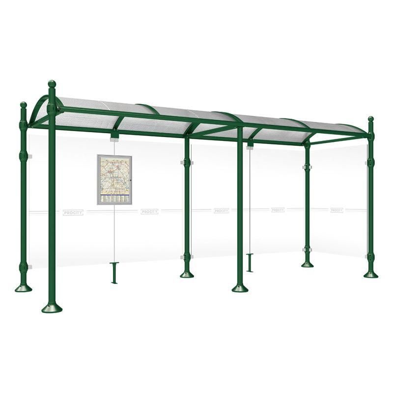 Buswartehalle, Unterstand, 2 Seitenwände, Kopf gebürsteter Edelstahl, ESG, Fahrplanschaukasten, 2.500 x 2.500 x 1.600 mm (HxBxT), Farbe enzianblau