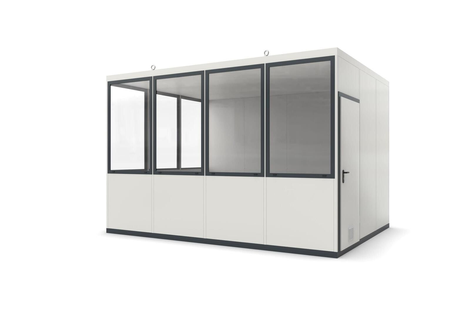 Bürocontainer, Aufsichtsstand, Meisterbüro, Lagerhallenbüro, mobil, für Innen, 2.620 x 4.090 x 3.045 mm (HxBxT), 12,45 qm, ohne Fußboden