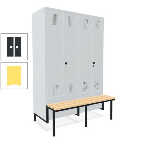 Doppel-Spind, Garderobenschrank, Buche Sitzbank integriert, 4 Abteile 300 mm, Korpus anthrazitgrau, Tür anthrazitgrau, 1.850 x 1.200 x 815 mm (HxBxT)