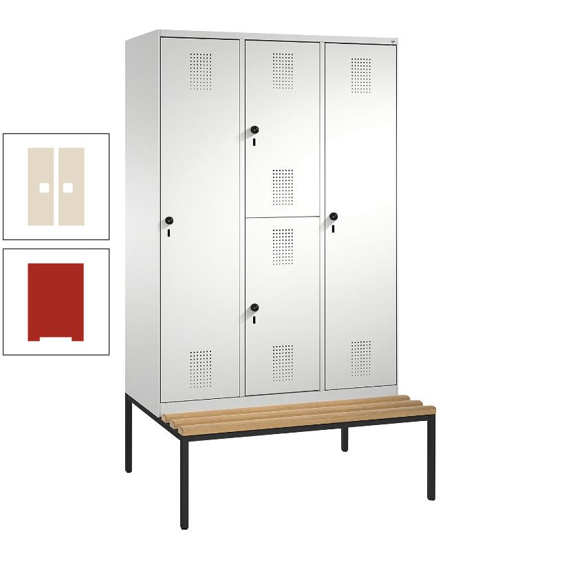 Garderobenschrank, Spind ein- und doppelstöckig Sitzbank, 3 Abteile, 4 Fächer, 2.090x1.200x500 mm (HxBxT), Front anthrazitgrau, Korpus anthrazitgrau