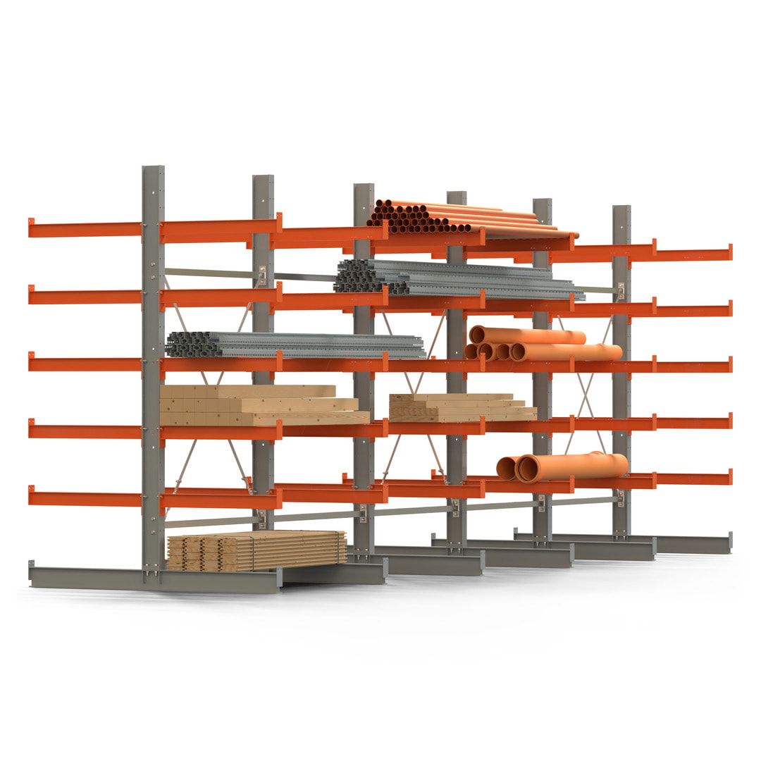 Doppelseitiges Kragarmregal, 2 Felder, 2.500 x 2.560 x 1.120 mm (HxBxT), Nutztiefe 500 mm, Kragarmlast 870 kg, KARL basic, silbergrau/reinorange