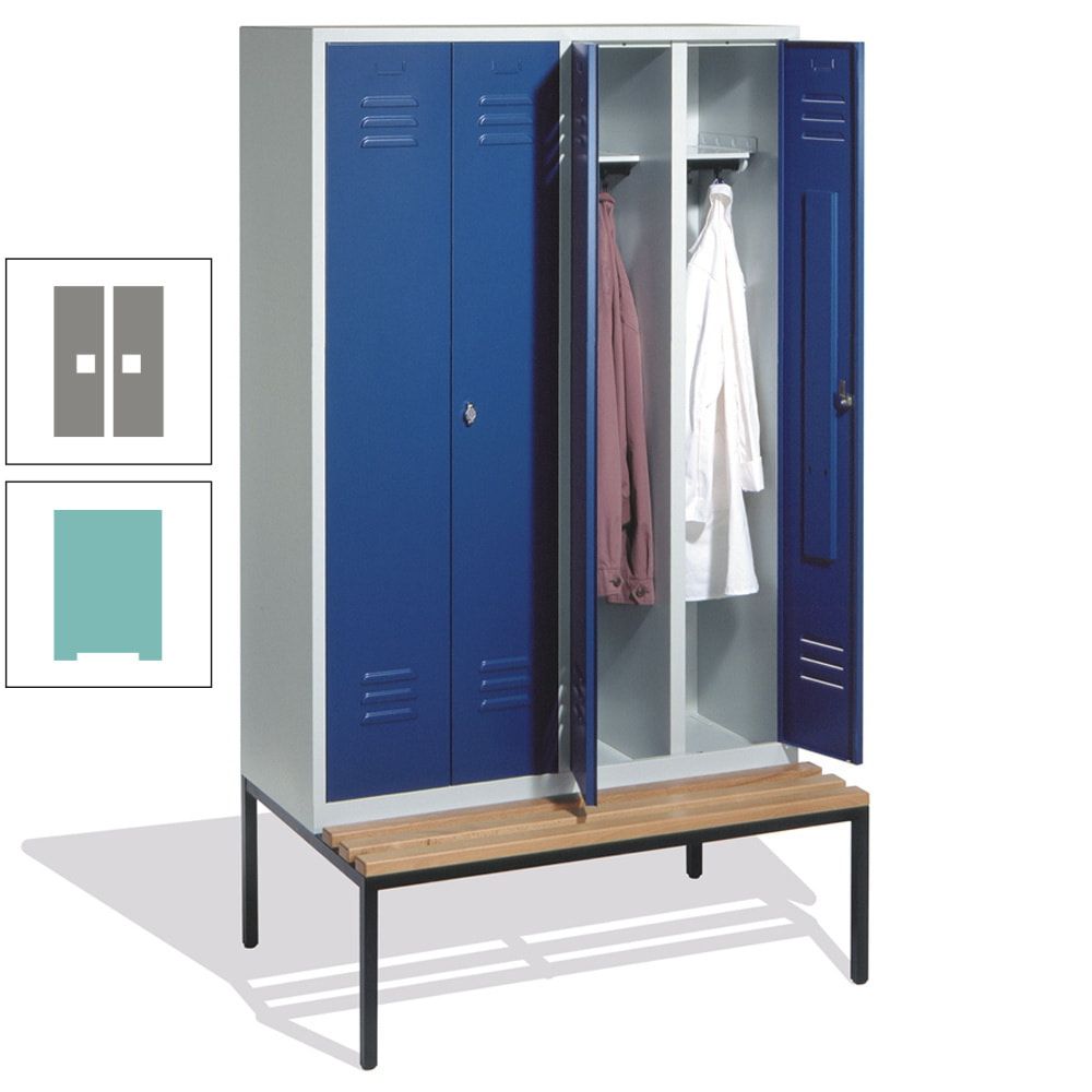 Doppel-Spindschrank, Buche Sitzbank untergebaut, 4 Abteile a 300 mm, Korpus lichtgrau, Tür anthrazitgrau, 2.090 x 1.190 x 815 mm (HxBxT)