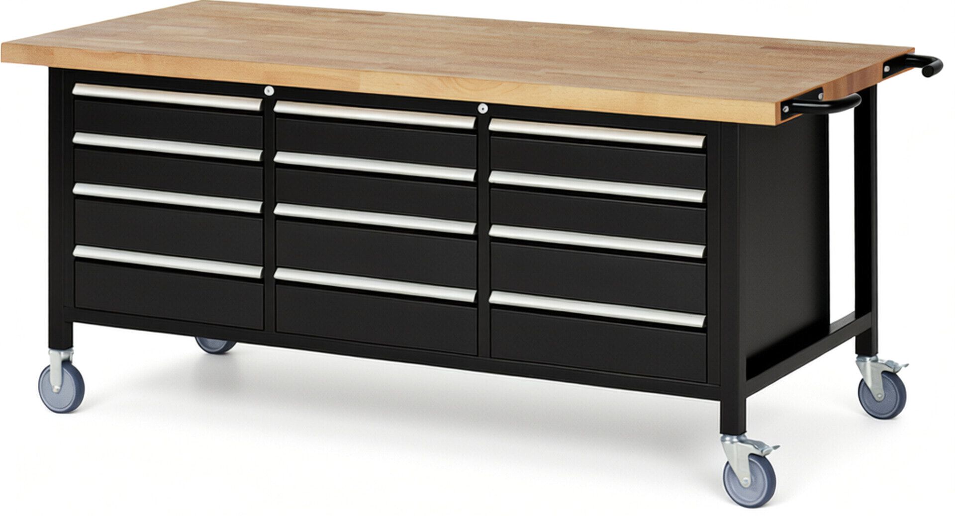 Mobile Werkbank, 12 Schubladen - Teilauszug - 120:6 / 150:6 - Höhe 880-1.080 mm - 2.000 x 900 mm - 450 kg - Buche - Anthrazitgrau