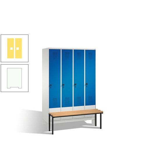 Stahl-Garderobenschrank, Spind, Buche Sitzbank vorgebaut, 4 Abteile a 300 mm, Korpus Lichtgrün, Tür Schwefelgelb, 1.850 x 1.200 x 815 mm (HxBxT)