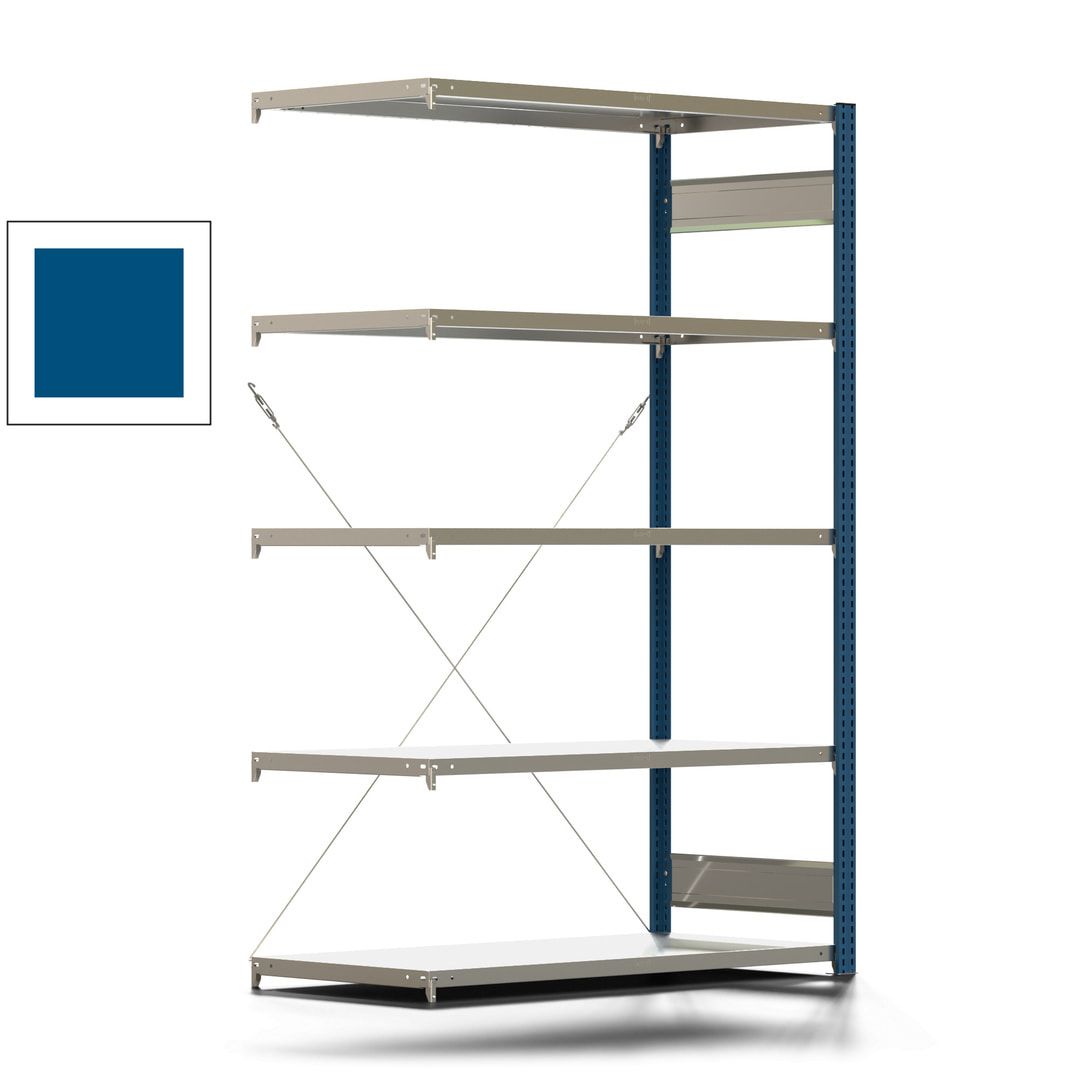 Fachbodenregal mit Tiefenriegel - 350 kg - 2.000 x 1.285 x 626 mm (HxBxT) - Anbauregal - 5 Böden - enzianblau - Lagerregal - Steckregal BERT