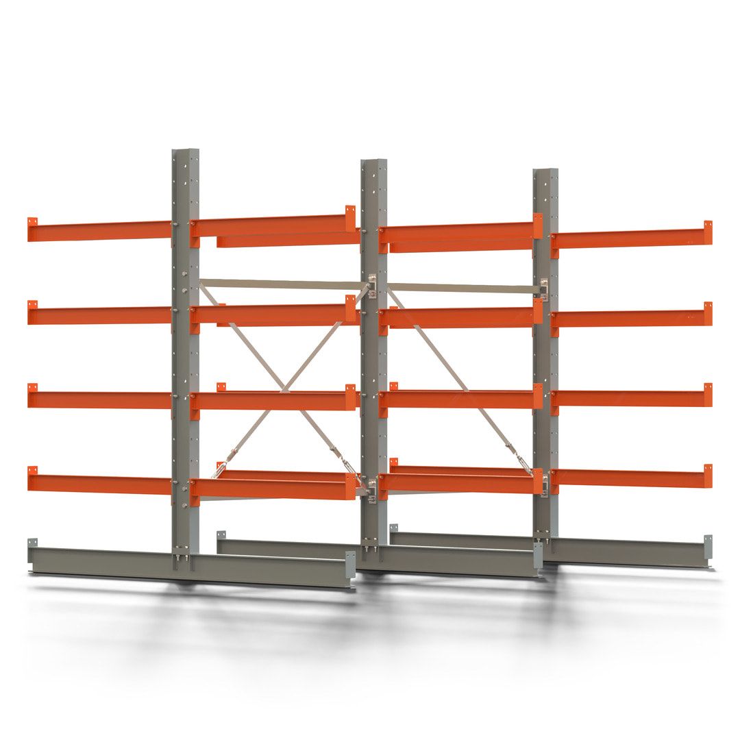 Doppelseitiges Kragarmregal, 2 Felder, 2.000 x 2.560 x 1.120 mm (HxBxT), Nutztiefe 500 mm, Kragarmlast 870 kg, KARL basic, silbergrau/reinorange