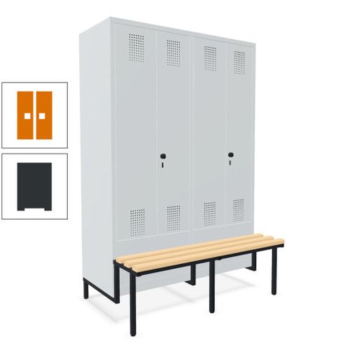 Doppel-Spind, Garderobenschrank, Buche Sitzbank integriert, 4 Abteile 300 mm, Korpus anthrazitgrau, Tür anthrazitgrau, 1.850 x 1.200 x 815 mm (HxBxT)