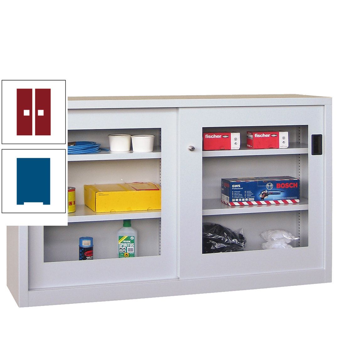 Schiebetürenschrank - Sichtfenstertüren - 1.000x1.500x600 mm (HxBxT) - 4 Böden, verzinkt - Zylinderschloss - anthrazitgrau