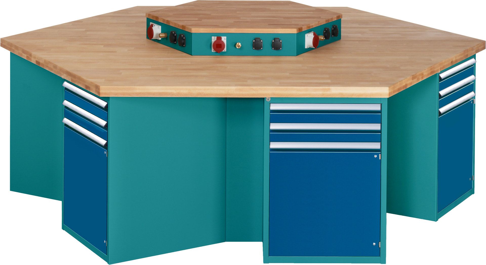 Gruppenwerkbank, Buche, Höhe 840 mm, mit Energieaufsatz, Unterbau-Container, 2 Schubladen, 1 Tür, 1 Boden - Anthrazitgrau