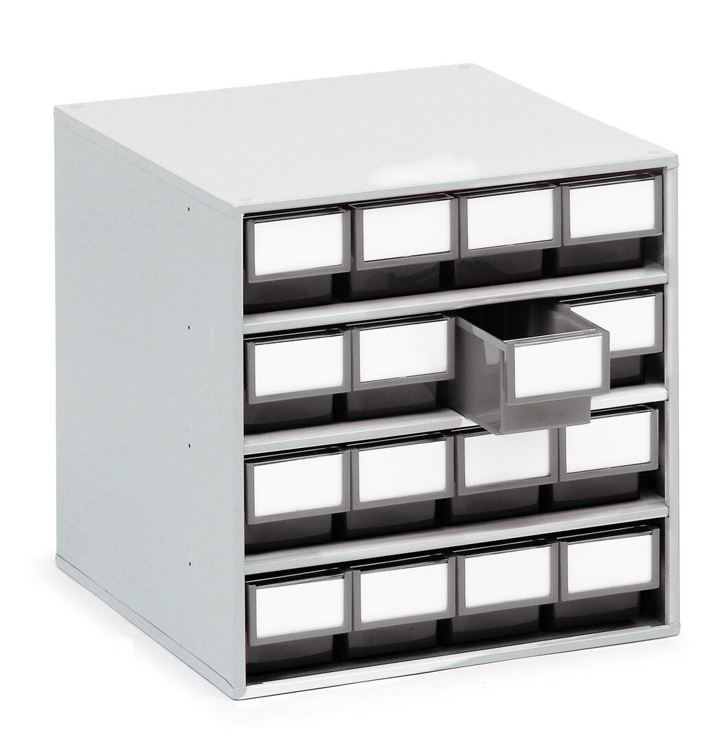 Schubladenmagazin, Magazin für Kleinteile, 16 Schubladen, 395 x 400 x 400 (HxBxT), Gehäusefarbe lichtgrau, Schubladenfarbe Betongrau
