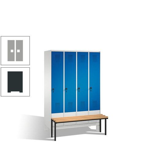 Stahl-Garderobenschrank, Spind, Buche Sitzbank vorgebaut, 4 Abteile a 300 mm, Korpus Lichtgrün, Tür Schwefelgelb, 1.850 x 1.200 x 815 mm (HxBxT)
