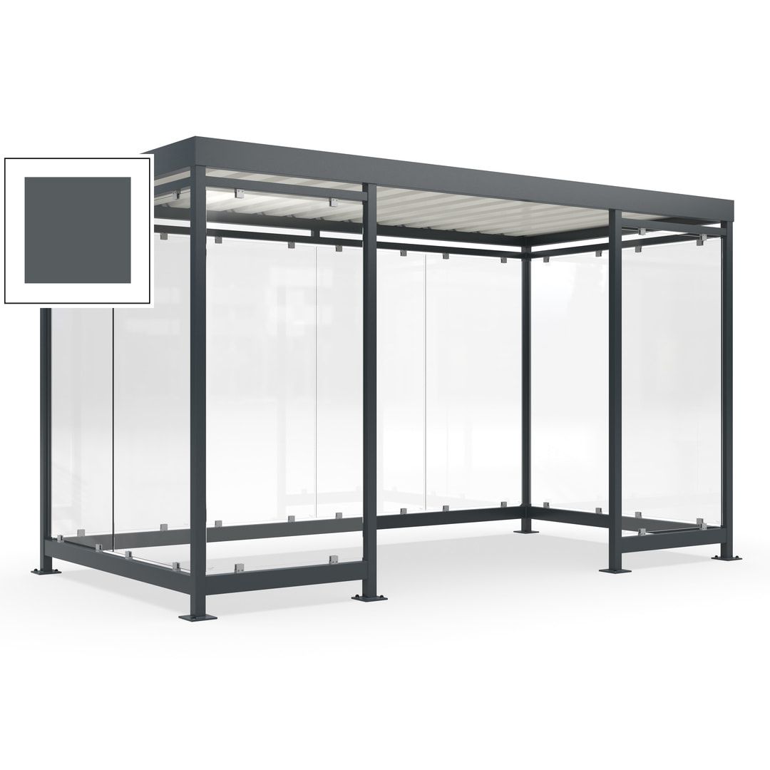 Fahrgastunterstand, Raucherunterstand, fertig montiert, Aufdübeln, 12-13 Personen, 2.510 x 4.195 x 2.165 mm (HxBxT), 10 Wände, Achatgrau