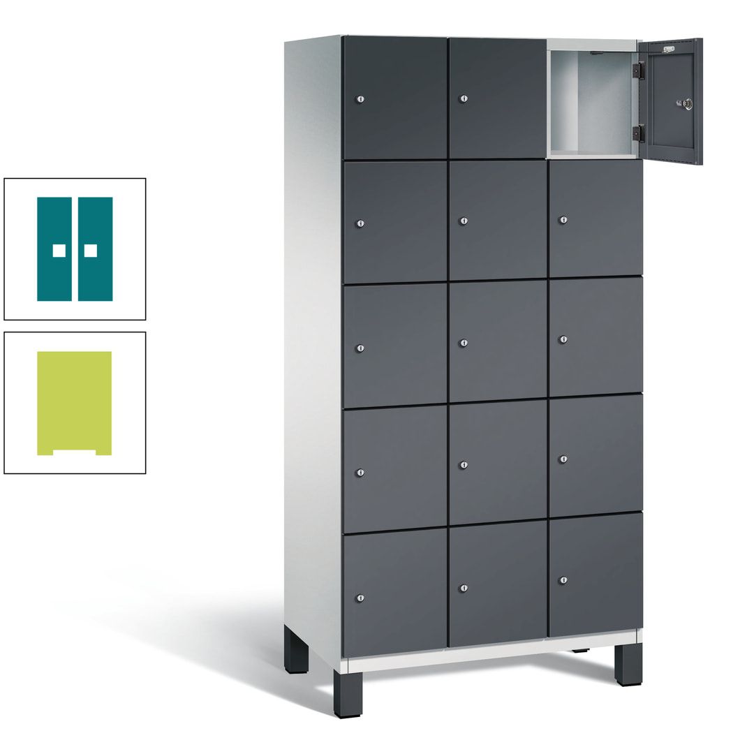 Fächerschrank, Stahlschrank, 15 Fächer, Türöffnungsbegrenzer, Füße, 1.980 x 900 x 525 mm (HxBxT), Korpus anthrazitgrau, Front anthrazitgrau