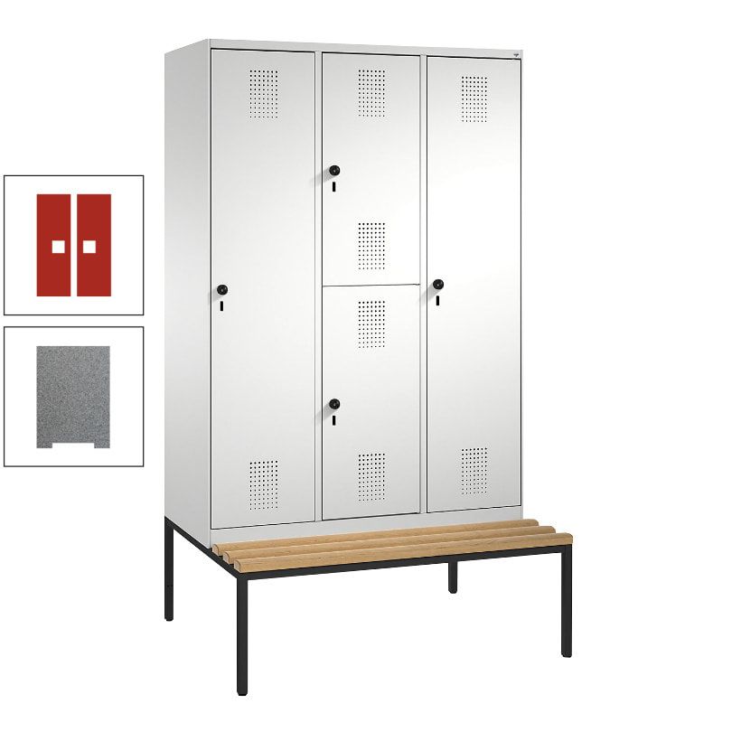 Garderobenschrank, Spind ein- und doppelstöckig Sitzbank, 3 Abteile, 4 Fächer, 2.090x1.200x500 mm (HxBxT), Front anthrazitgrau, Korpus anthrazitgrau