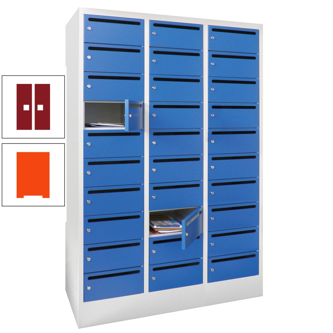 Postverteilerschrank, Schließfachschrank, 3 Abteile a 300 mm, 30 Fächer, 1.850 x 900 x 500 mm (HxBxT), Korpus anthrazitgrau, Front anthrazitgrau