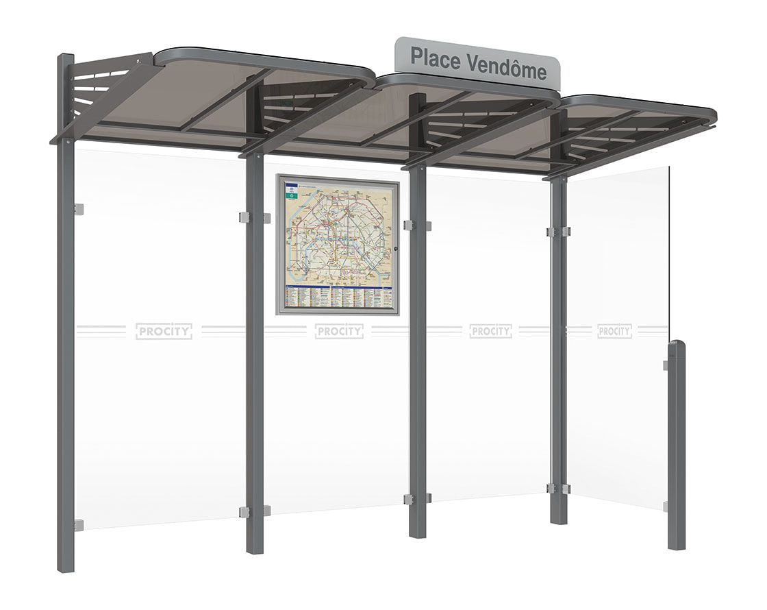 Buswartehalle - Unterstand - modular - Fahrplankasten - Haltestellenschild - Seitenwand rechts - 2.200 x 3.000 x 1.500 mm (HxBxT) - enzianblau