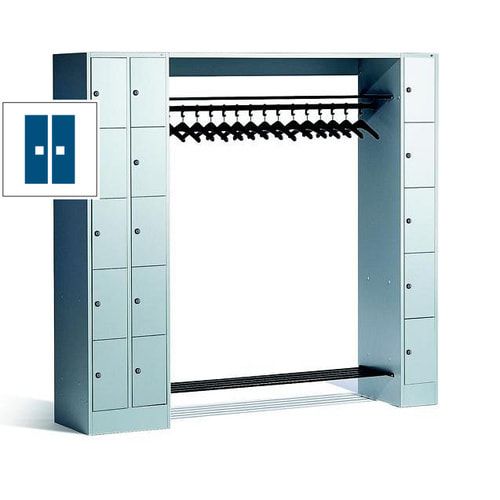 Garderobenanlage, Offene Garderobe mit Spindschrank, 15 Fächer, links/rechts, Korpus lichtgrau, Türfarbe enzianblau, 1.950 x 2.100 x 480 mm (HxBxT)