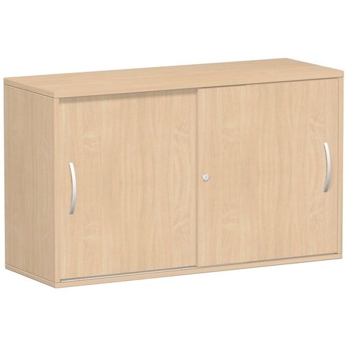 Anstell-Schiebetürenschrank, Stellfüße, 2 Ordnerhöhen, Fachboden, 720 x 1.200 x 425 mm (HxBxT), Korpus Ahorn, Front Buche