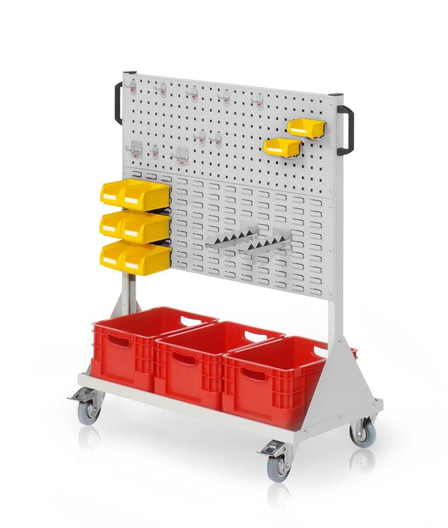 Mobiler Rollwagen, 2 Loch-, 2 Schlitzplatten, 10 Halter, 8 Sichtlagerkästen, Kisten, Wellenträger, 1.230 x 1.000 x 500 mm (HxBxT), Anthrazitgrau