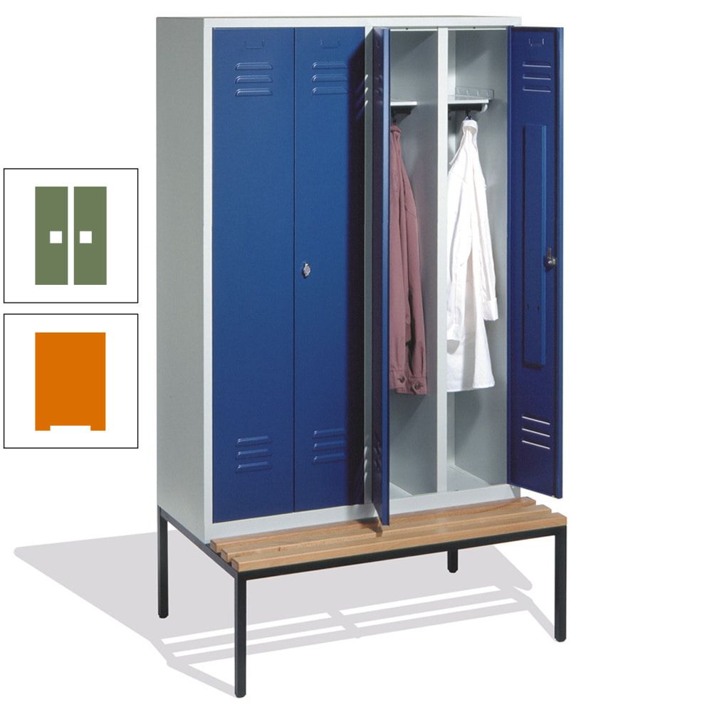 Doppel-Spindschrank, Buche Sitzbank untergebaut, 4 Abteile a 300 mm, Korpus lichtgrau, Tür anthrazitgrau, 2.090 x 1.190 x 815 mm (HxBxT)