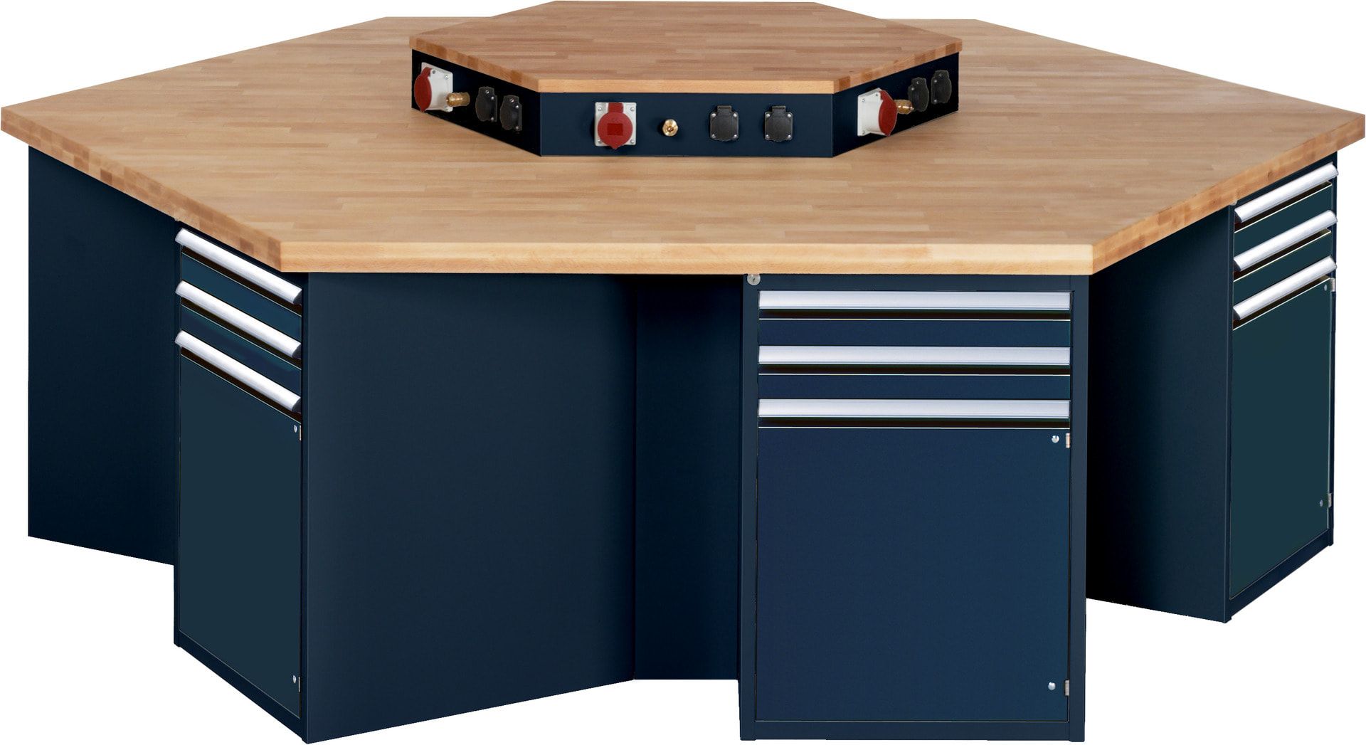 Gruppenwerkbank, Buche, Höhe 840 mm, mit Energieaufsatz, Unterbau-Container, 2 Schubladen, 1 Tür, 1 Boden - Anthrazitgrau